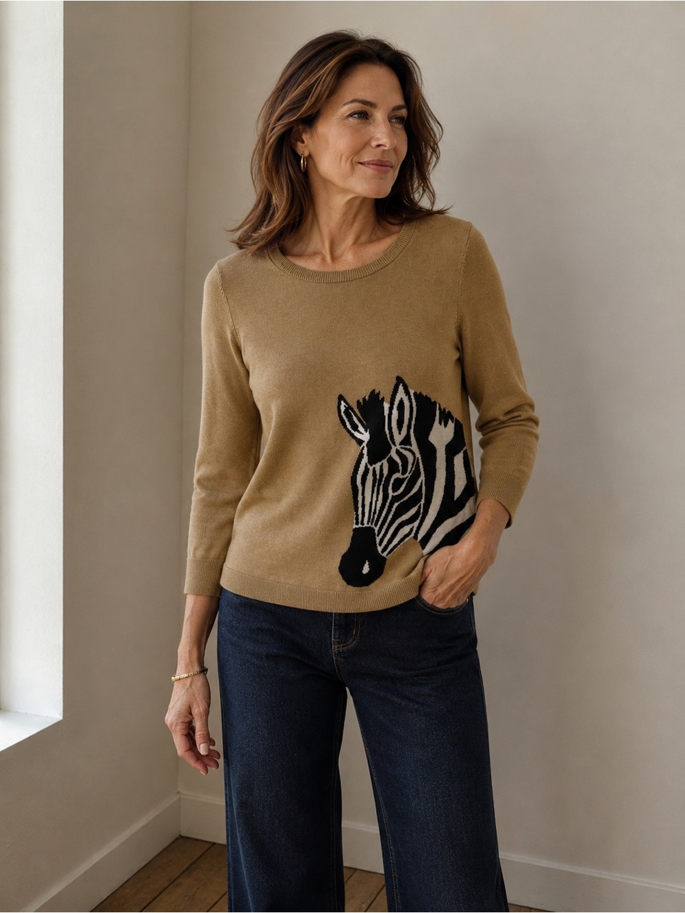 Talbots Camel Crewneck Sweater with Black & White Zebra Motif